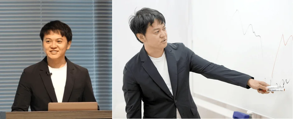 黒いジャケットの男性が、演台で話す姿とホワイトボードで説明する姿を並べた画像です。講演やセミナー、教育現場などでの専門的なプレゼンテーションの様子を捉えています。