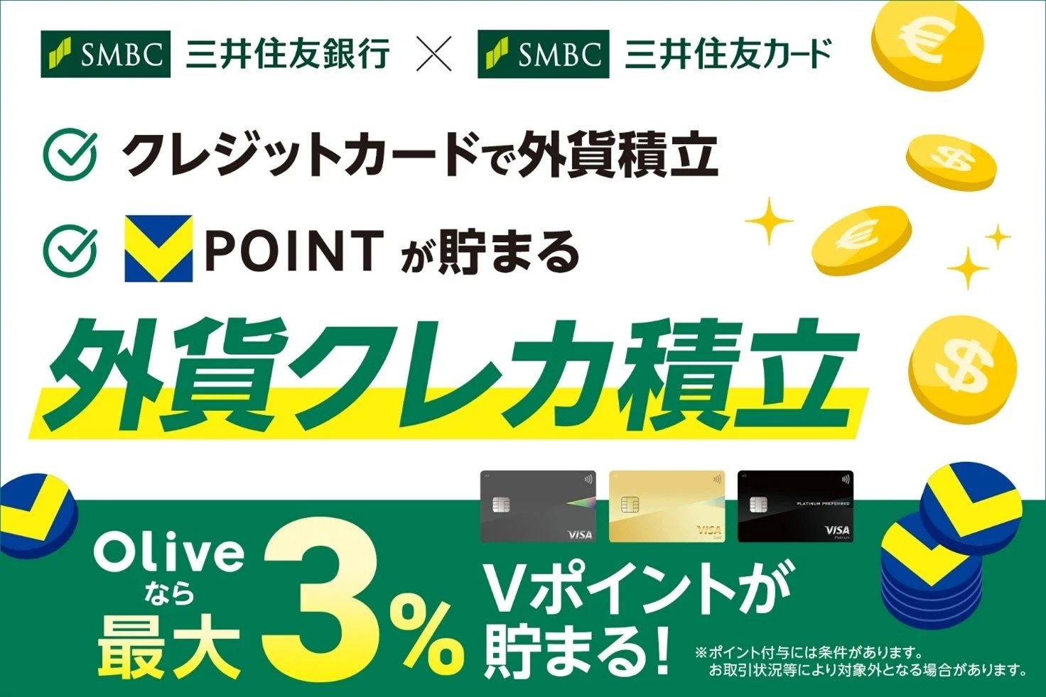 SMBC 三井住友銀行 × SMBC 三井住友カード クレジットカードで外貨積立 POINT が貯まる 外貨クレカ積立 Olive なら 最大 3% Vポイントが貯まる！