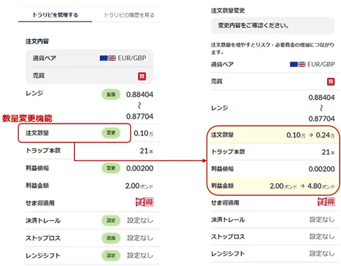 トラリピ注文の数量変更画面