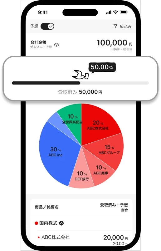 iGrowアプリのポートフォリオ画面で配当・分配・利金の予想金額が表示されている様子