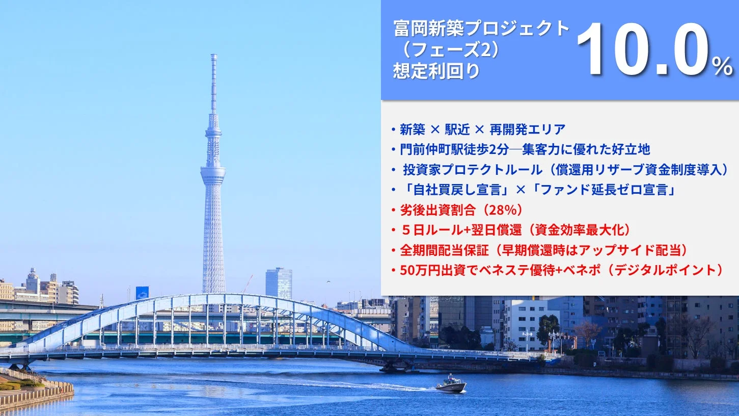 東京スカイツリーと橋のある都市景観に、富岡新築プロジェクト(フェーズ2)の案内が重ねられています。想定利回り10.0%や、駅近、投資家保護ルール、配当保証といった詳細が示されており、不動産投資のプロモーション画像です。