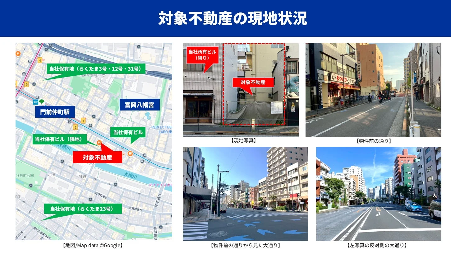 対象不動産の現地状況を示す資料。門前仲町駅周辺の地図で、当社保有地や隣接ビル、対象不動産の位置関係を説明。物件周辺の道路や街並みの写真も掲載されている。