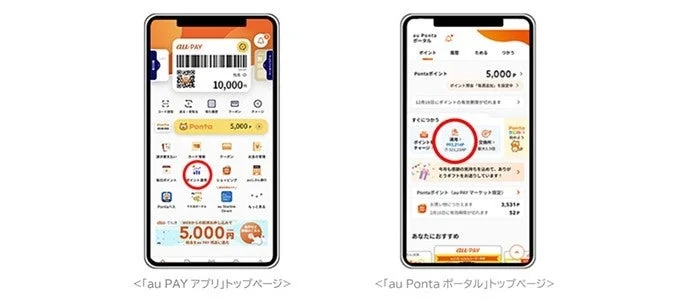 au PAY アプリとau Pontaポータルのトップページ