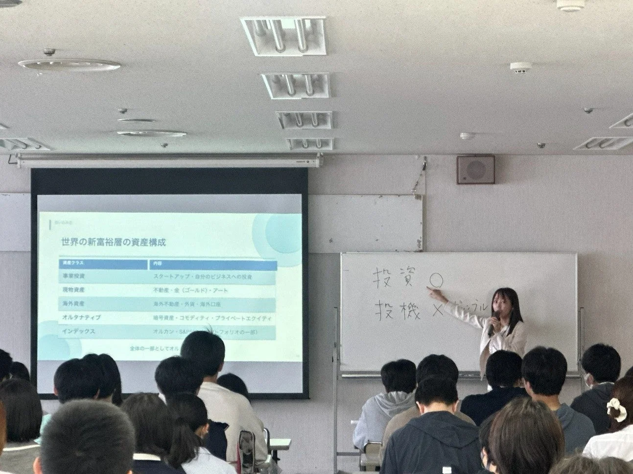 教室で金融セミナーが行われ、講師がホワイトボードに「投資 O」「投機 X」と書き、プロジェクターには「世界の富裕層の資産構成」というスライドが映し出されている。多くの学生が熱心に講義を聞いている様子が伺える。
