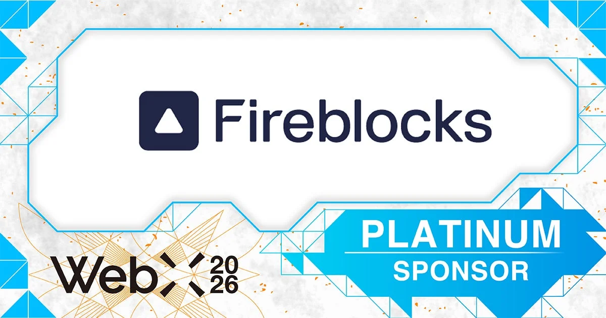 FireblocksがWebX 2026のプラチナスポンサーであることを示す画像です。Fireblocksのロゴとイベント名が大きく表示されており、白と青を基調とした幾何学的なデザインが特徴です。