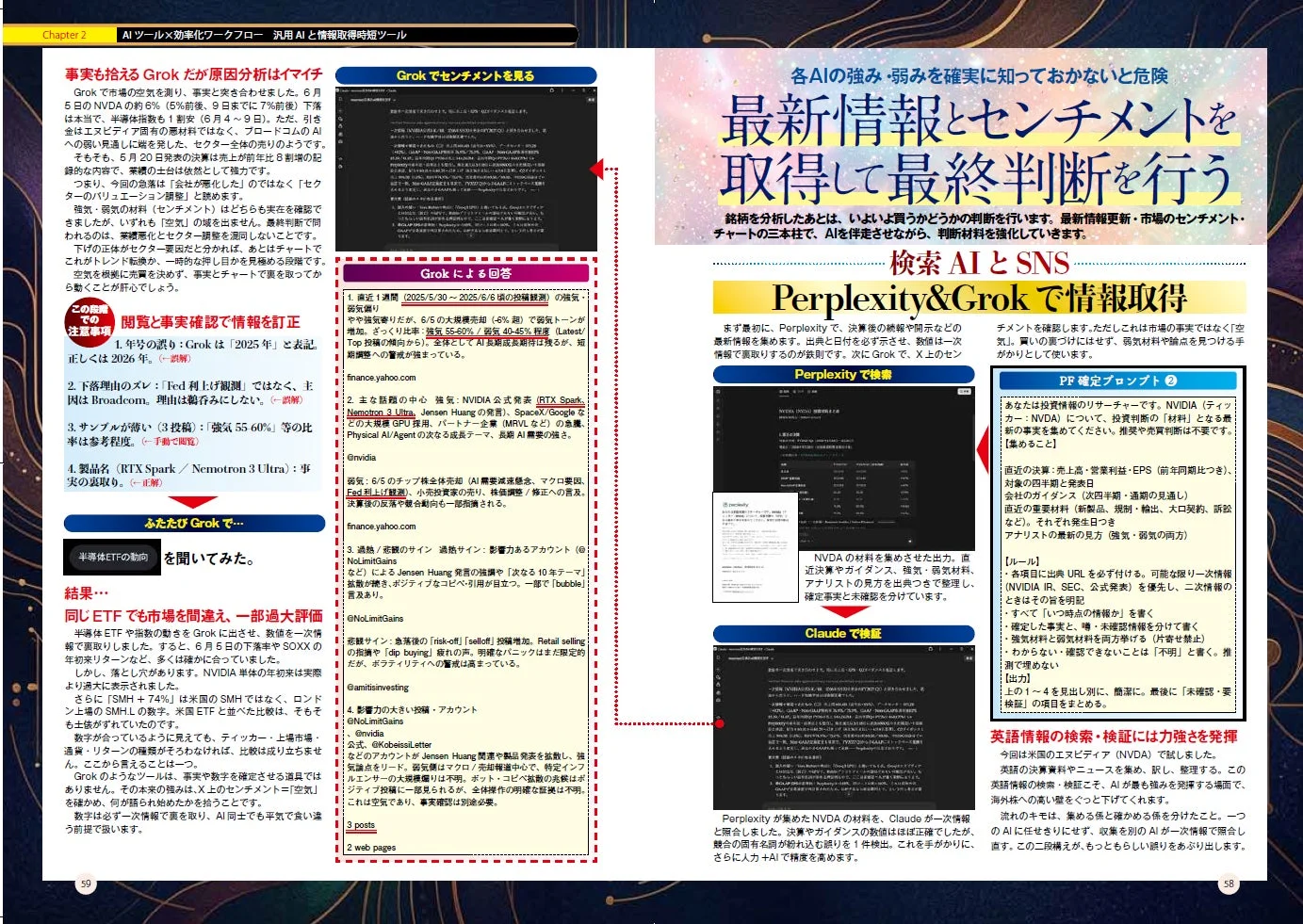 AIツール×効率化ワークフロー 汎用AIと情報取得時短ツール。事実も拾える Grok だが原因分析はイマイチ。Grok 7月市場の空気で6月 (5%) 、事実と突き合わせました。6月5日のNVDAの約6% (5%前後、9日までに7%前後) 下落は本当で、半導体指数も1割安 (6月4~9日)。ただ、引き金はエスプリア固有の悪材料ではなく、ブロードコムのAIへの期待見通しに幅を発しました。セクター全体の売りようです。そもそも、5月20日発表の決算は売上高が前年比8割増の記録的な内容で、業績の土台は依然として有力です。つまり、今回の急落は「会社が変化した」のではなく「セクターのバリエーション調整」と読めます。強気・弱気の材料 (センチメント) はどちらも実在を確認できましたが、いずれも「空気」の域を出ません。最終判断に問われるのは、業績悪化とセクター調整を混同しないことです。下げの正体がセクター要因だと分かれば、あとはチャートでこれがトレンド転換か、一時的な押し目かを見極める段階です。空気を根拠に売買を決めず、事実とチャートで裏を取ってから動くことが肝心でしょう。