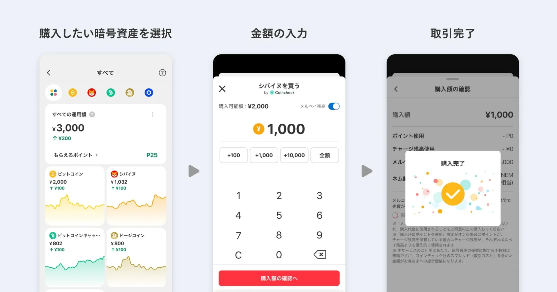 メルカリアプリでの暗号資産購入プロセスを示す画面