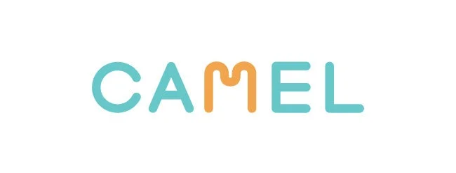 白背景に「CAMEL」という単語が、水色とオレンジ色の丸みを帯びたフォントで表示されているロゴデザインです。