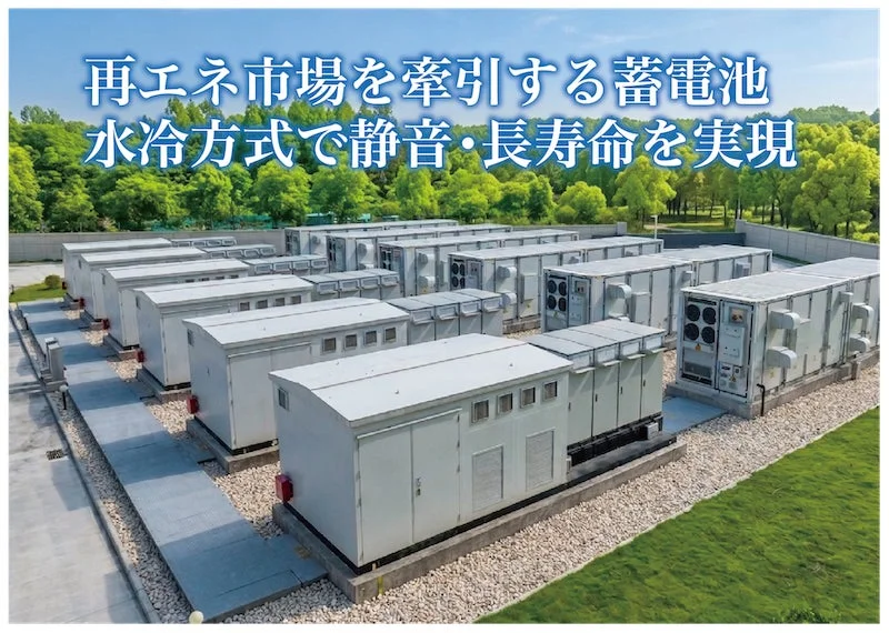 再生可能エネルギー市場を牽引する水冷式蓄電池システムが広大な敷地に複数設置されている様子。静音性と長寿命を特徴とする。