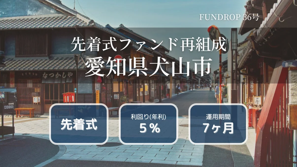 FUNDROP 36号 先着式ファンド再組成 愛知県犬山市 なつかしや 先着式 利回り(年利) 5% 運用期間 7ヶ月