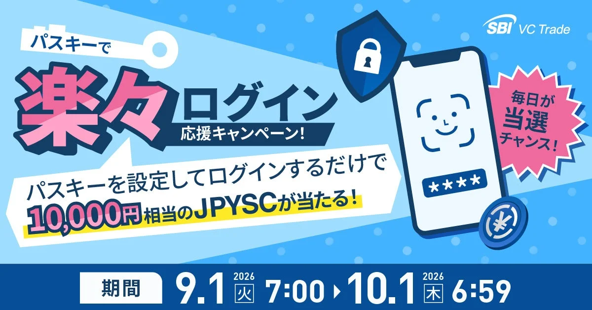SBI VC Trade パスキーで 楽々ログイン 応援キャンペーン! パスキーを設定してログインするだけで 10,000円相当のJPYSCが当たる! 毎日が当選チャンス! 期間 2026 9.1 火 7:00 2026 10.1 木 6:59