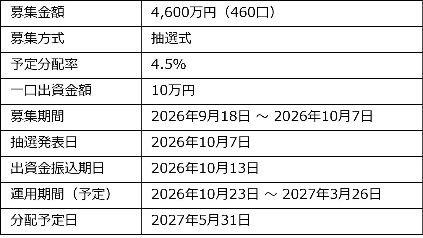 投資案件の詳細情報をまとめた表